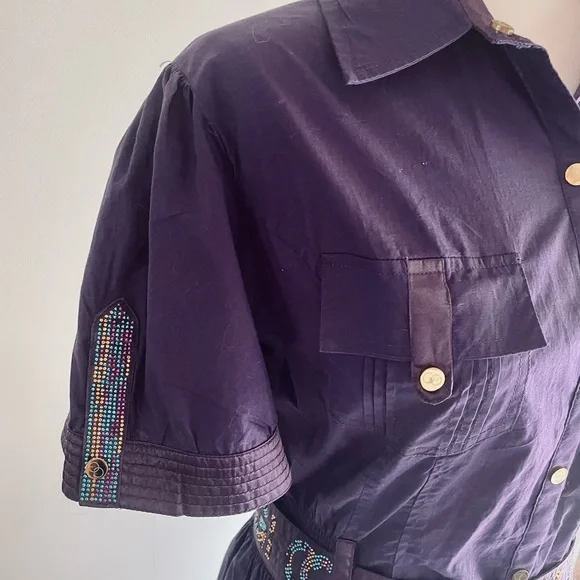 Coogi Purple Snap Front Rhinestone Embellished Belted Shirt Dress sz 1X NEW - Picture 3 of 12